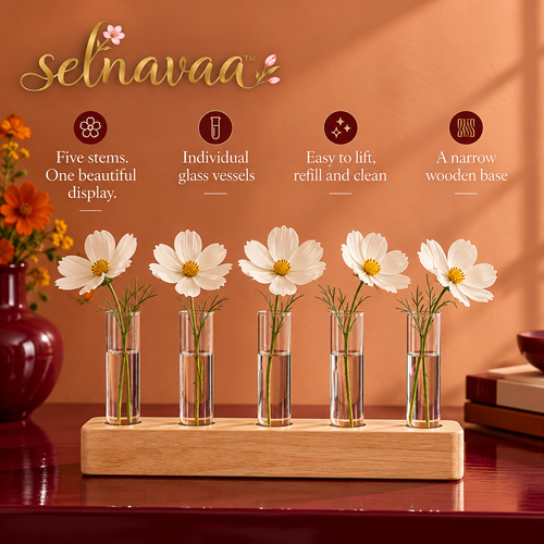 selnavaa™ StemGallery Wooden Stand with 5 Glass Bud Tubes, Tabletop Flower Vase Holder for Single Stems & Small Cuttings