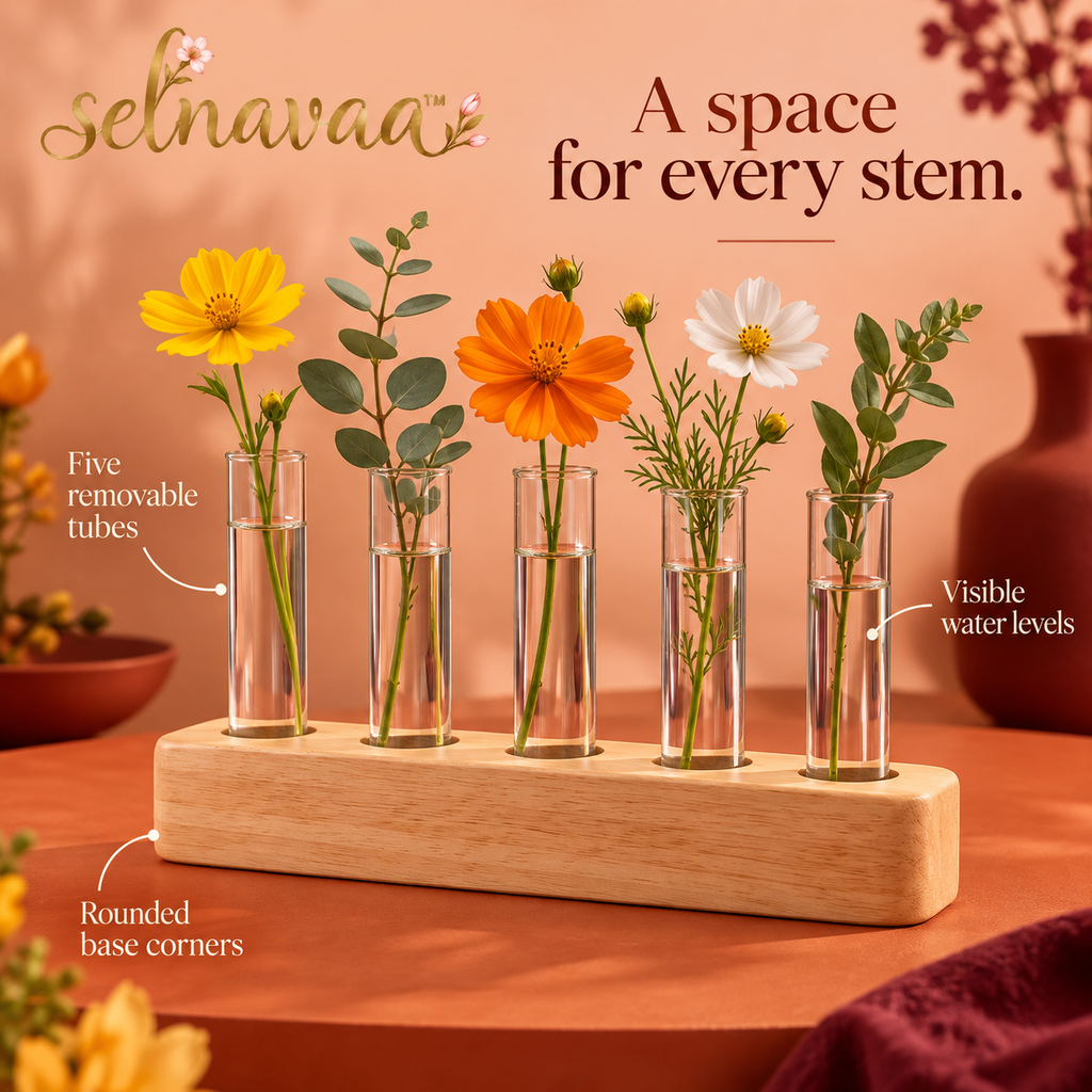 selnavaa™ StemGallery Wooden Stand with 5 Glass Bud Tubes, Tabletop Flower Vase Holder for Single Stems & Small Cuttings