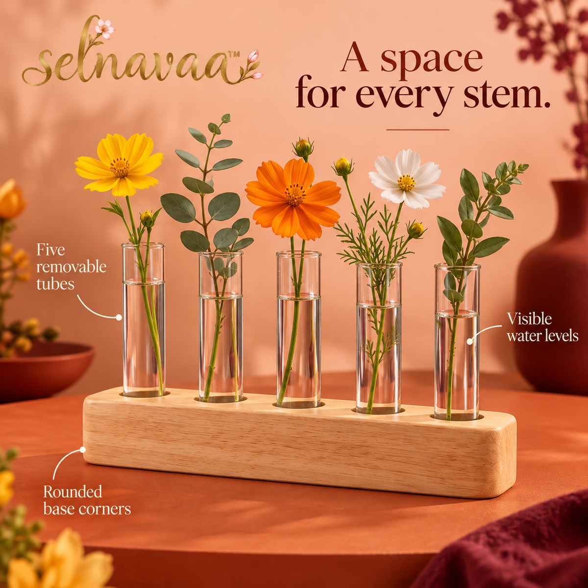 selnavaa™ StemGallery Wooden Stand with 5 Glass Bud Tubes, Tabletop Flower Vase Holder for Single Stems & Small Cuttings