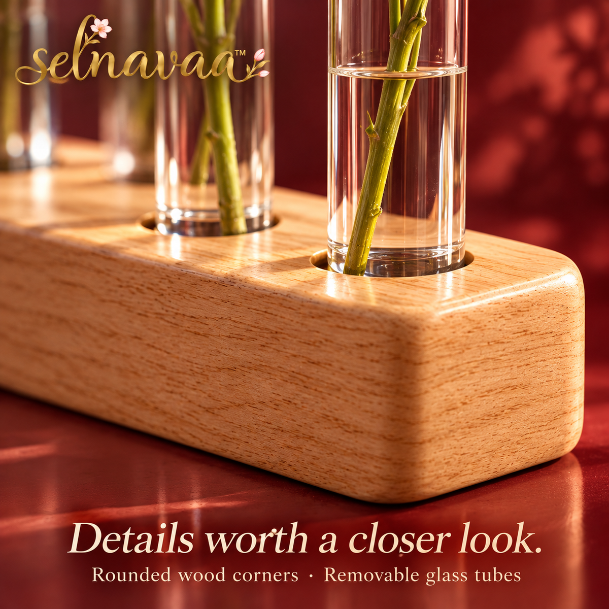 selnavaa™ StemGallery Wooden Stand with 5 Glass Bud Tubes, Tabletop Flower Vase Holder for Single Stems & Small Cuttings