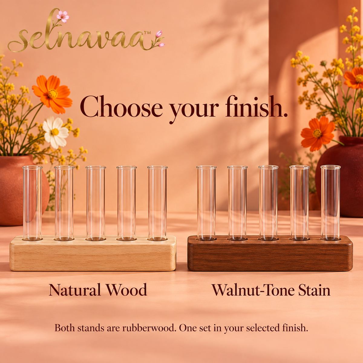 selnavaa™ StemGallery Wooden Stand with 5 Glass Bud Tubes, Tabletop Flower Vase Holder for Single Stems & Small Cuttings