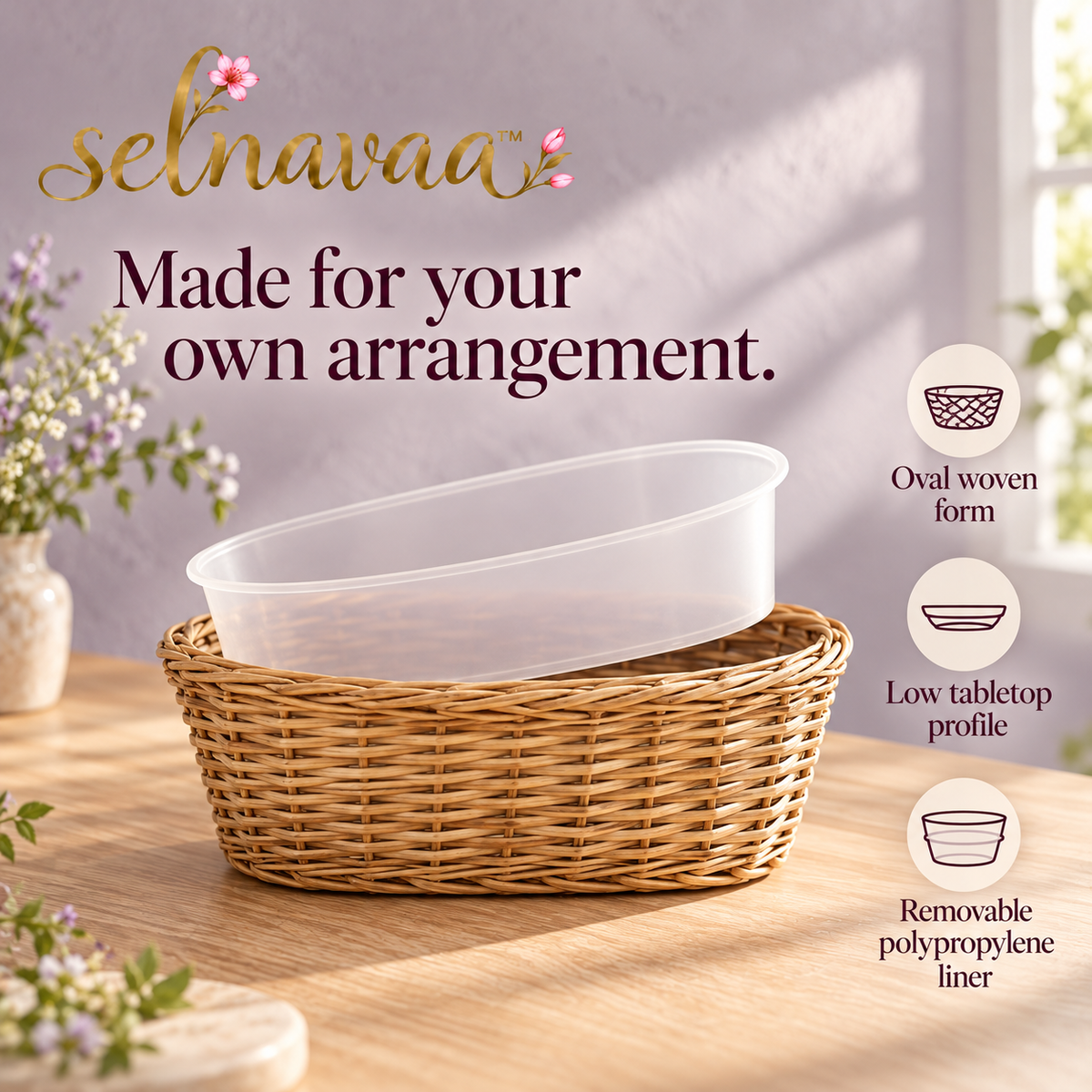 selnavaa™ GatherNest Woven Floral Basket with Removable Liner, Oval Flower Arrangement Container for Table Decor & Gift Displays